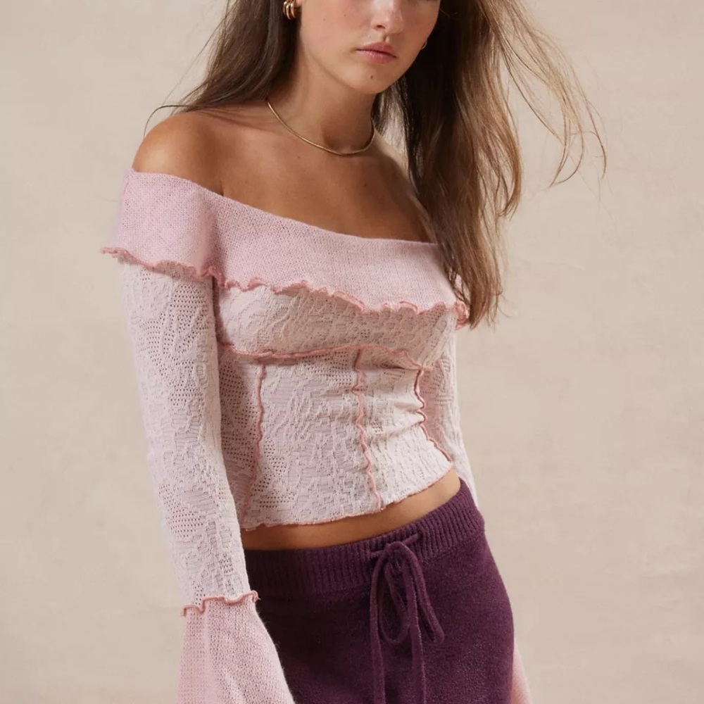 Kimchi Blue Pink and White Off-Shoulder Blouse